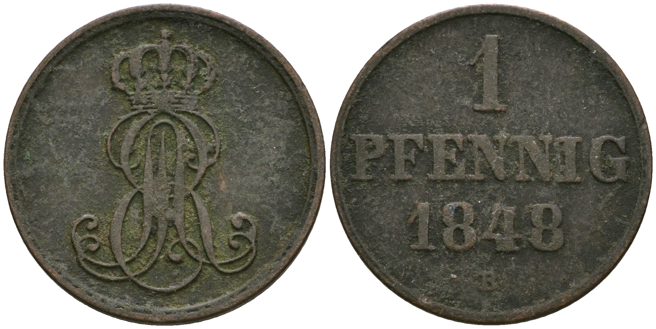 Ганновер 1 пфенниг 1848 B, Эрнст Август (1837-1851) KM 201.1, AKS 129, J. 74 медь 08-1435