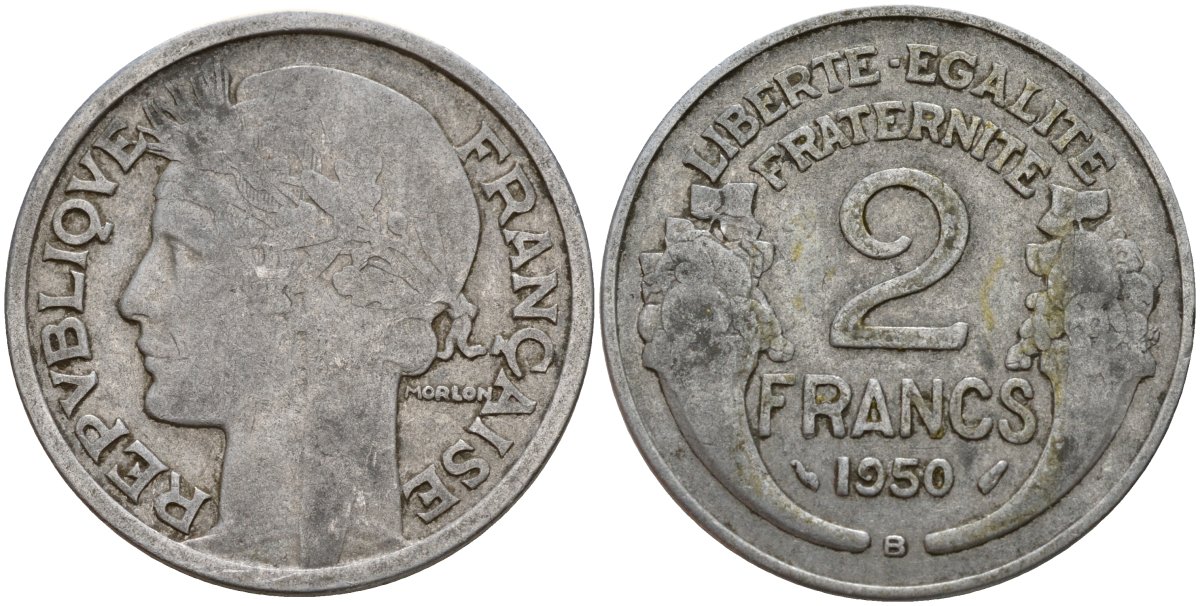 Франция 2 франка 1950 KM 886a алюминий 4187-1021