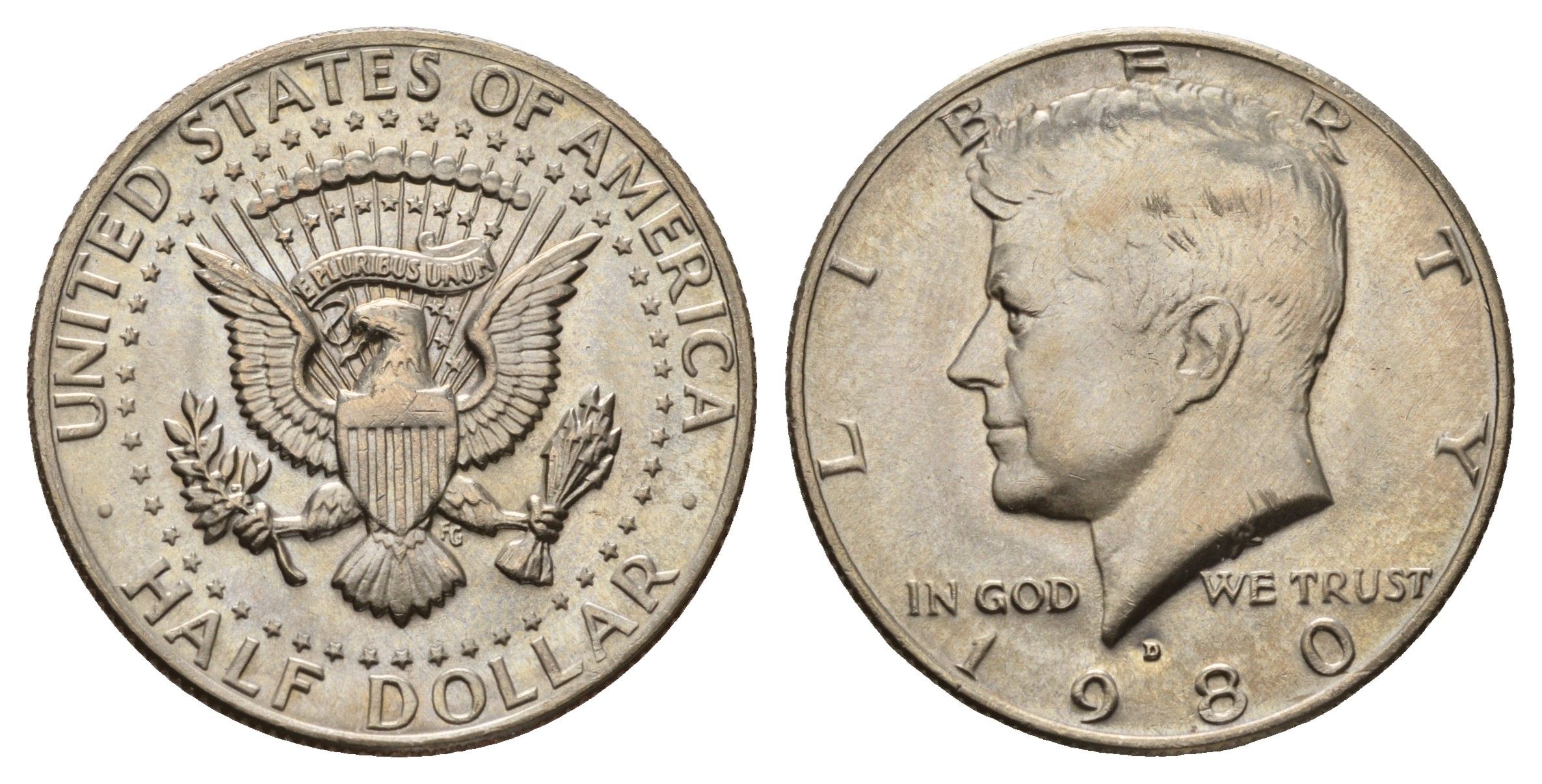 США 1/2 доллара (50 центов) 1980 D, Джон Кеннеди KM A202b медь плакированная медно-никелем UNC 4672-546