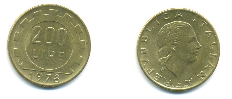 Италия 200 лир 1978 R, шестерня KM 105 алюминиевая бронза 80-1251