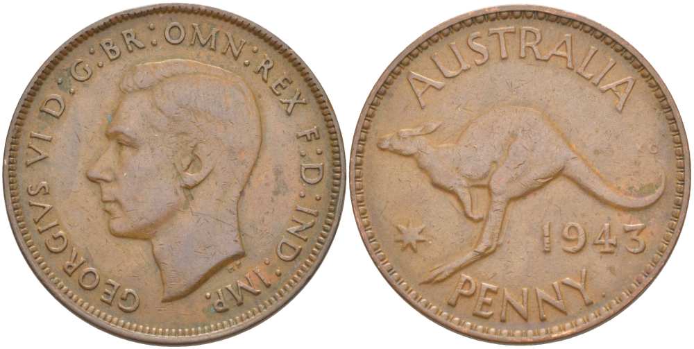 Австралия 1 пенни 1943 p, Георг VI (1936-1952), кенгуру, без буквы I KM 36 бронза 4512-1132