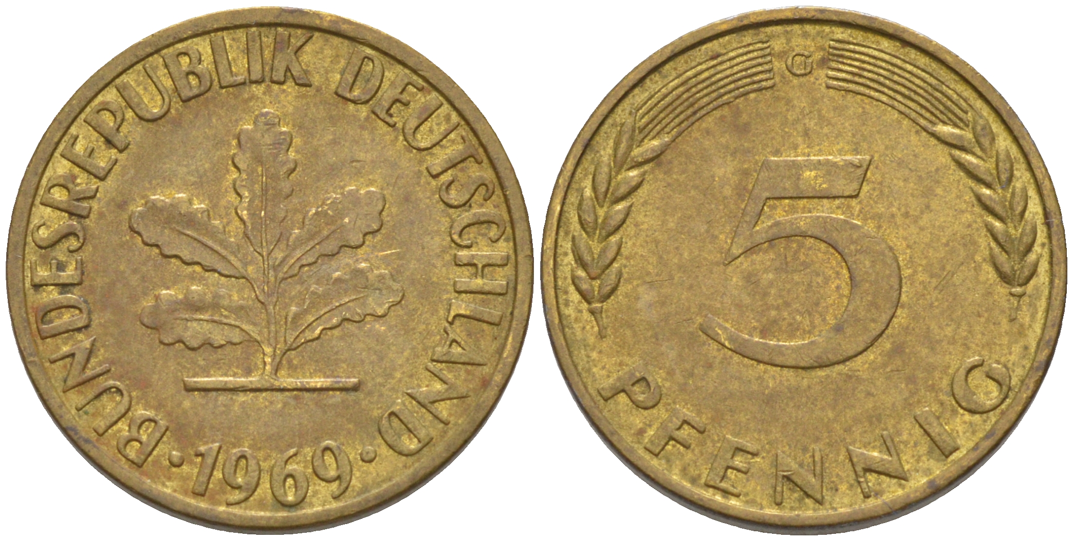 ФРГ 5 пфеннигов 1969 G KM 107, J. 382 сталь плакированная латунью 4514-533