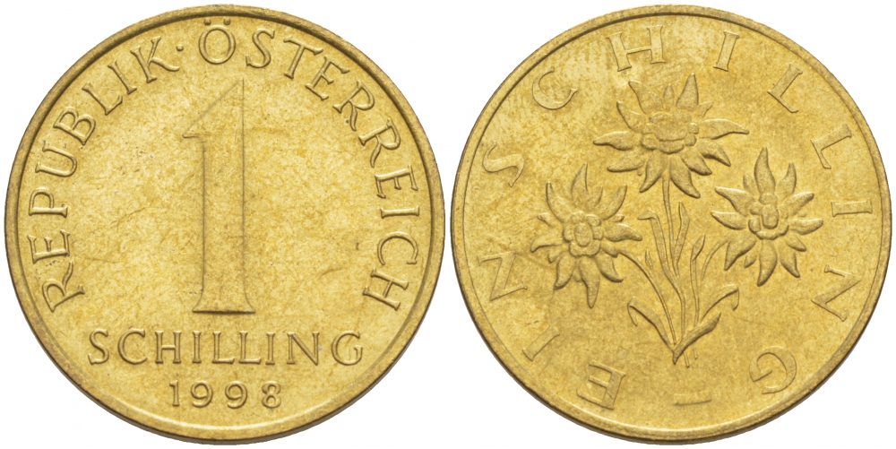 АВСТРИЯ 1 ШИЛЛИНГ 1998 KM 2886 алюминиевая бронза 175-1027