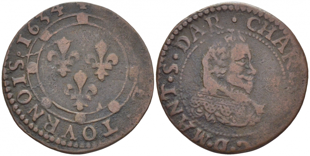 ФРАНЦИЯ 2 ТУРНУА 1634 ЛУИ XIII KM 85 медь 3896-644