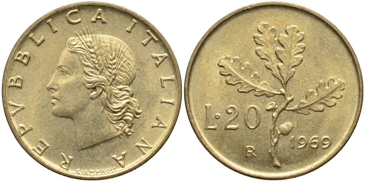 Италия 20 лир 1969 R, дубовая ветвь KM 97.1 алюминиевая бронза 4171-853