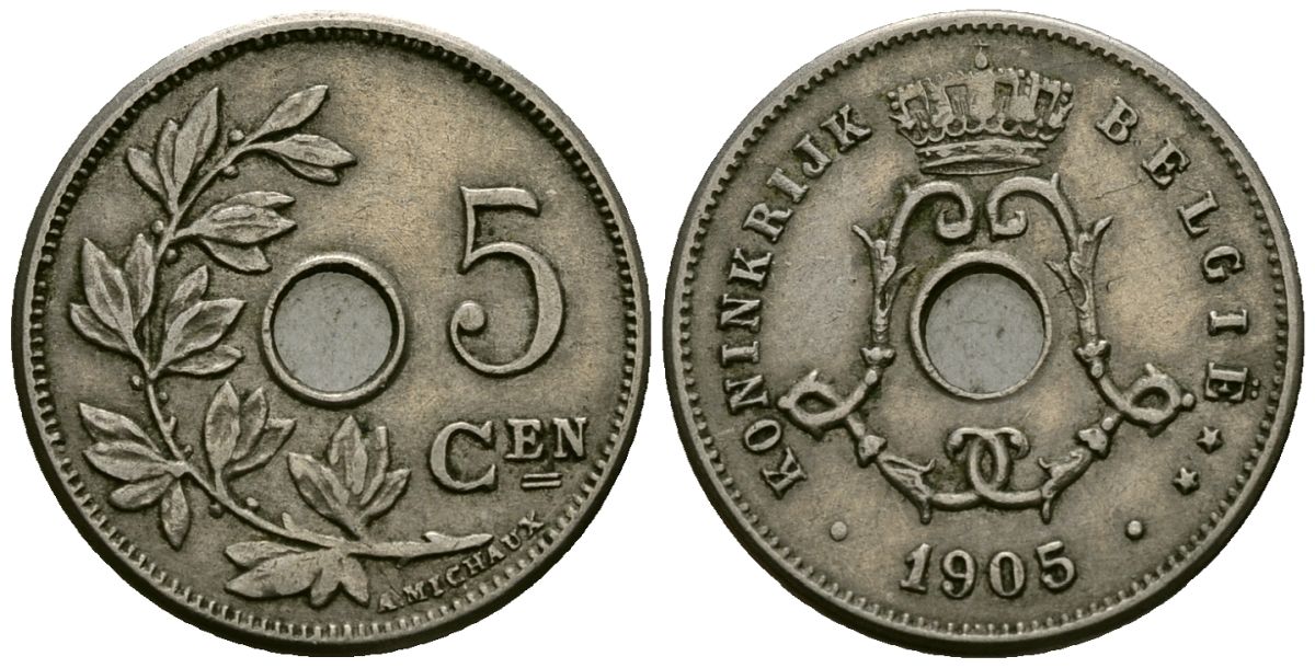 Бельгия 5 сантимов 1905 Belgie KM 55 медно-никель 4173-131