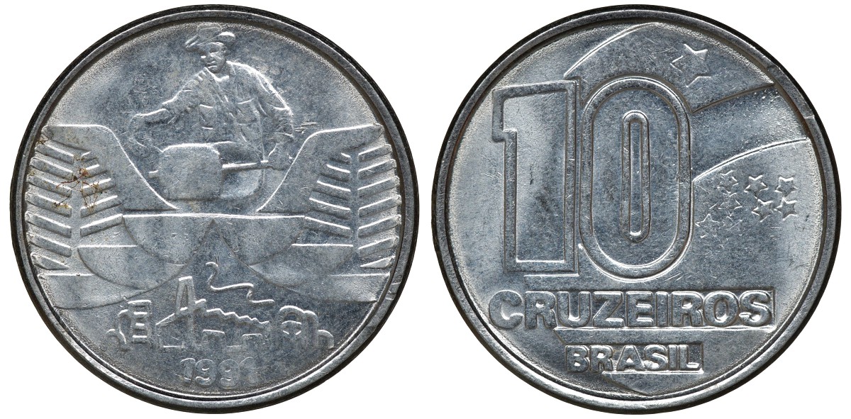 БРАЗИЛИЯ 10 КРУЗЕЙРО 1991 KM 618.2 сталь aUNC 72-1724