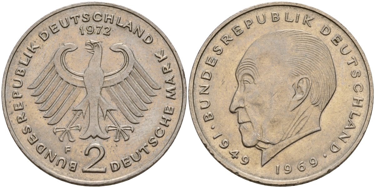 ФРГ 2 марки 1972 F, Конрад Аденауэр KM 124, J. 406 медно-никель плакированный никелем 4159-1217