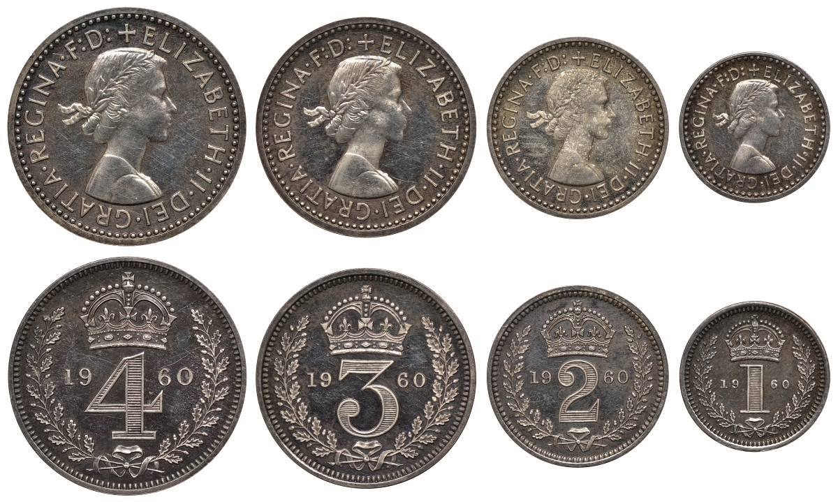 Великобритания набор из 4 монет 1960 1, 2, 3 и 4 пенса, Манди сет, Елизавета II (1952- ), Westminster Spink 4131 серебро UNC 00-821-64