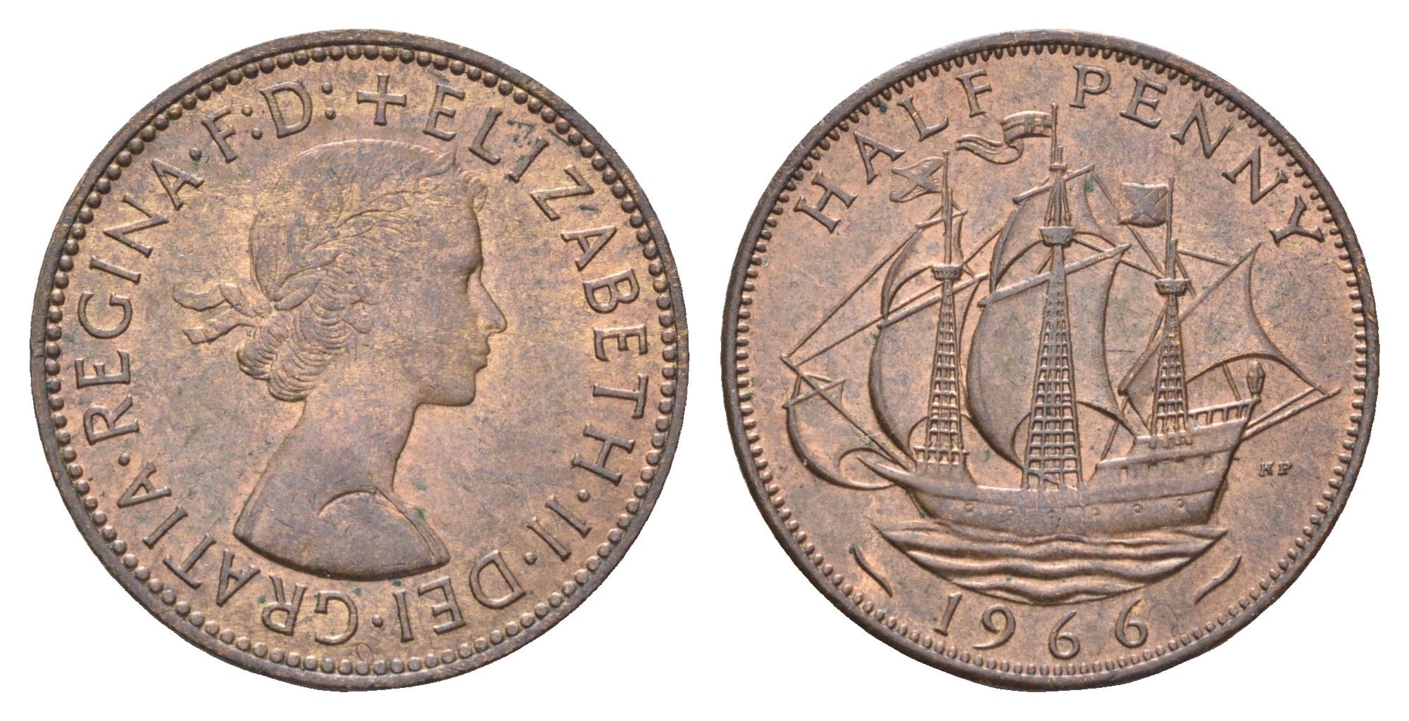 Великобритания 1/2 пенни 1966 Елизавета II (1952-2022) KM 896, Spink 4158 бронза  aUNC  4660-647