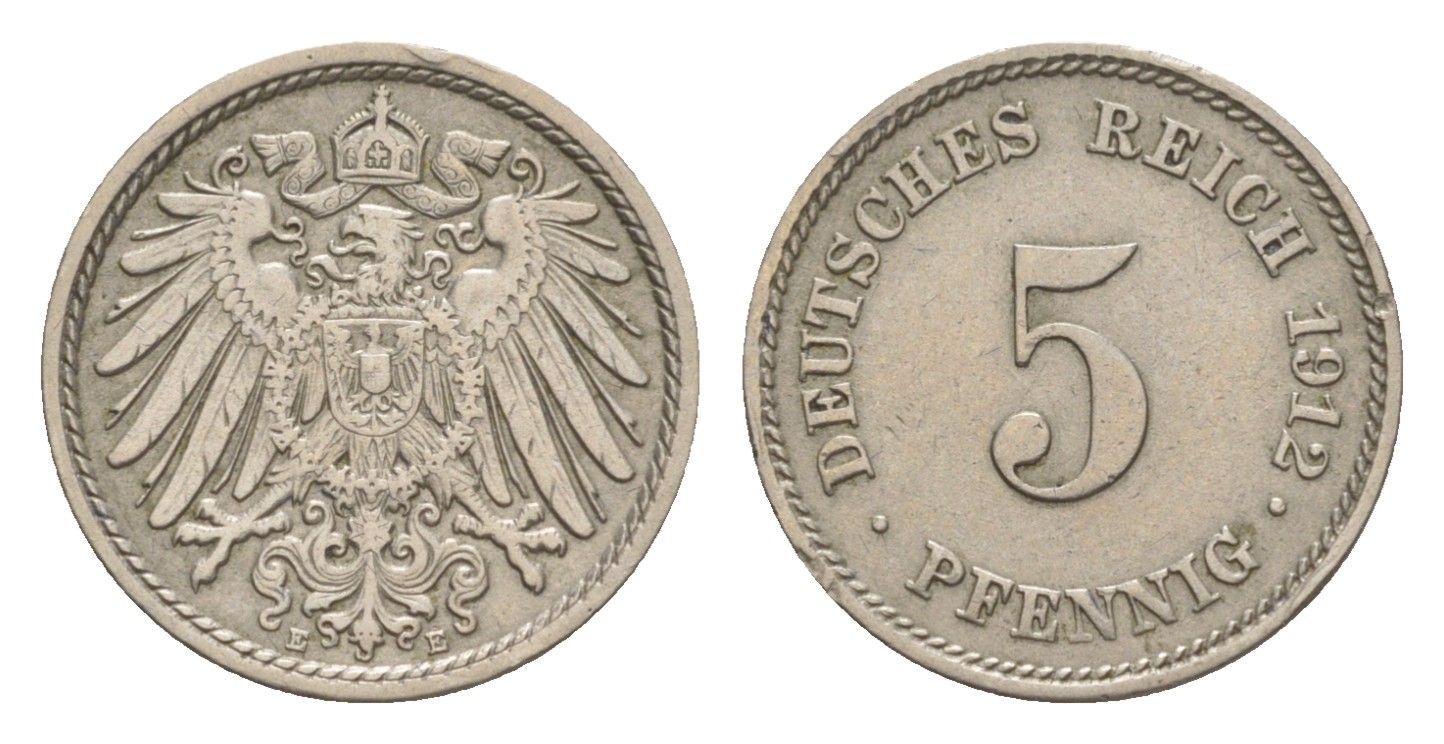 Германия 5 пфеннигов 1912 E, Вильгельм II (1888-1918) KM 11, J. 12 медно-никель 4640-143