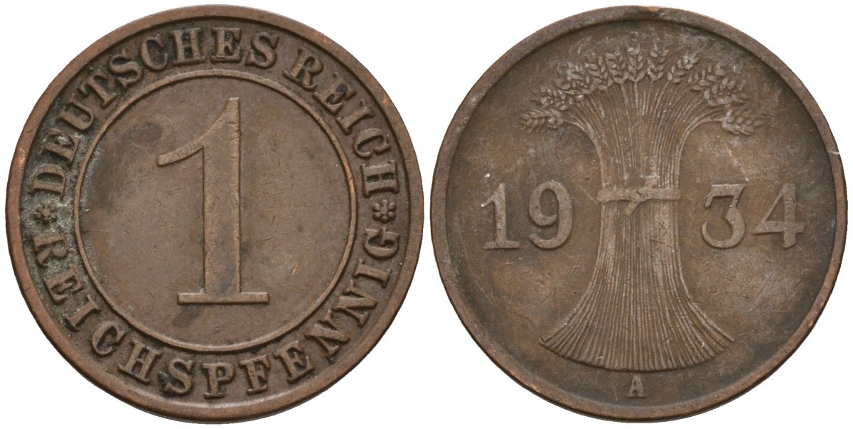Германия 1 рейхспфенниг 1934 D KM 37, J. 313 бронза 4549-556