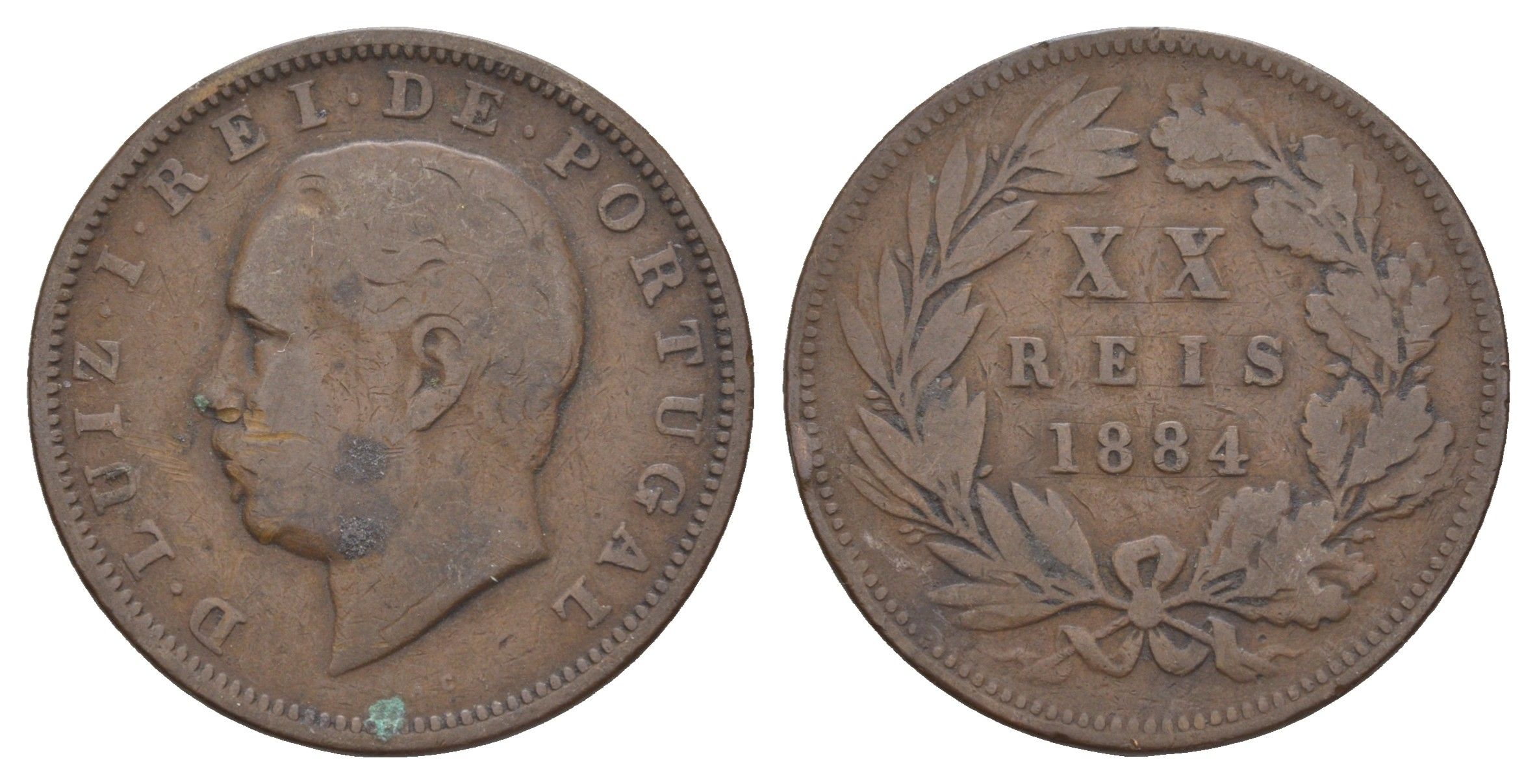 Португалия 20 реалов (рейсов) 1884 Луиш I (1861-1889) KM 527 бронза 109-945