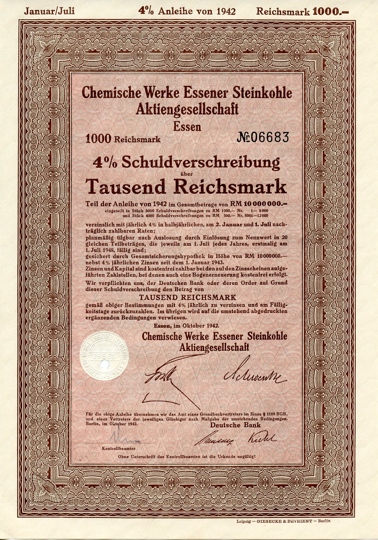 Германия 1000 рейхсмарок 1942 АО Химические заводы Эссенского каменного угля, 4 % долговое обязательство   бумага 8804-131-1