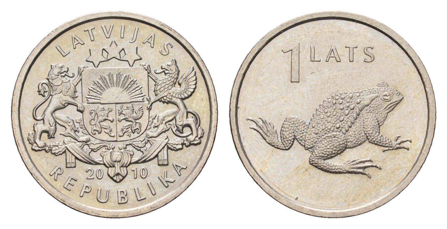 Латвия 1 лат 2010 Лягушка KM 108 медно-никель UNC 4652-1032