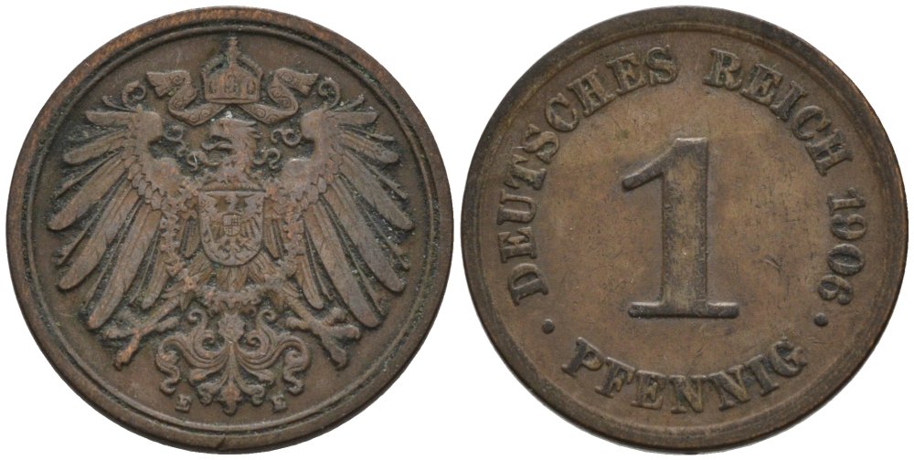 Германия 1 пфенниг 1906 E KM 10, J. 10 медь 4567-1235