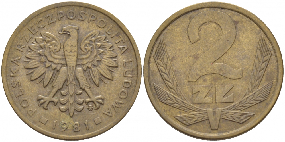 ПОЛЬША 2 ЗЛОТЫХ 1981 MW KM 80.1 латунь 112-1265