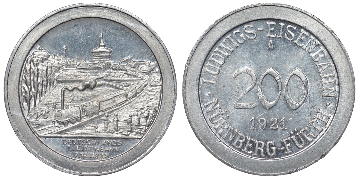 Германия, Нюрнберг - Фюрт 200 пфеннигов 1921 юбилейный жетон железной дороги - первая железная дорога, паровоз алюминий 4123-145