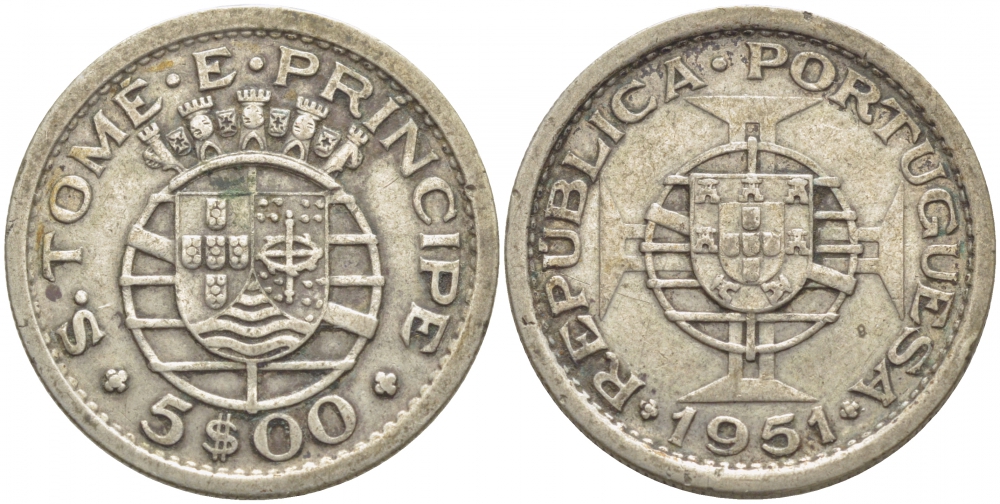 Португальское Сан-Томе и Принсипи 5 эскудо 1951 год тип KM 13 серебро 413-2043