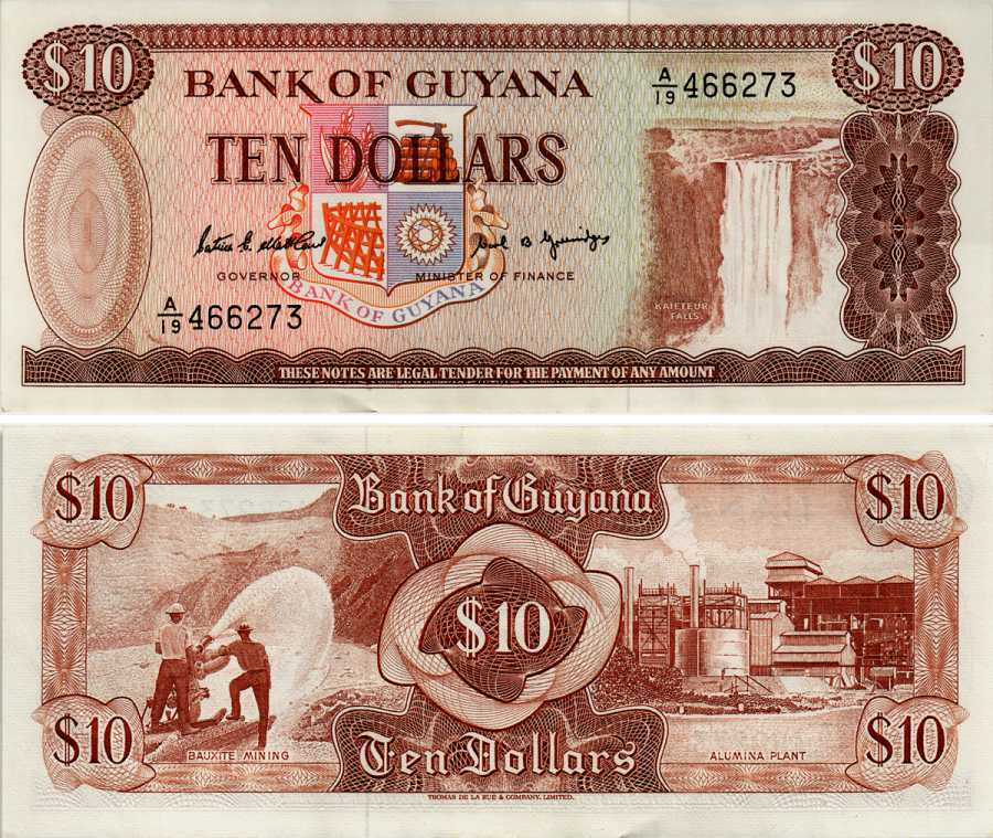 ГАЙАНА 10 ДОЛЛАРОВ 1989 ПОДПИСЬ 7, ВОДОПАД КАЙЕТУР Pick 23d бумага XF 6281-52-1-2