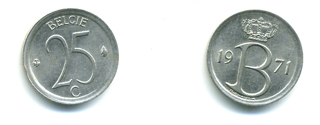 Бельгия 25 сантимов 1971 Belgie, Бодуэн I (1951-1993 KM 154.1 медно-никель UNC 89-1724