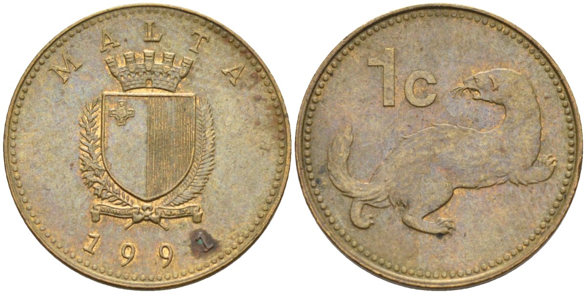 Мальта 1 цент 1991 ласка, горностай KM 93 никель латунь 4585-1218