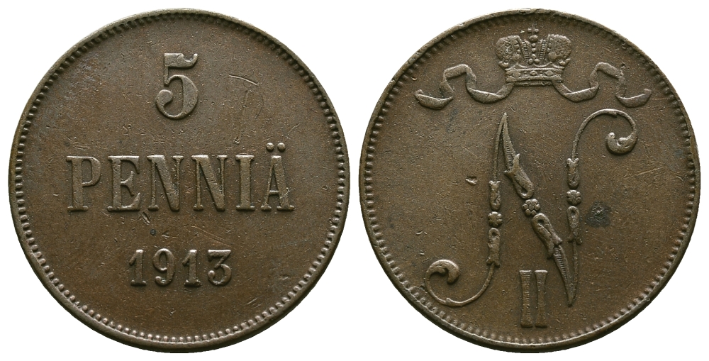 Россия для Финляндии 5 пенни 1913 Николай II (1894-1917) КМ 15, Биткин 453 медь 4382-836