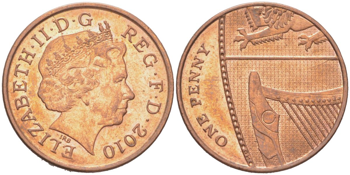 Великобритания 1 пенни 2010 Елизавета II (1952-2022) KM 1107, Spink B6 сталь плакированная медью UNC 4614-815