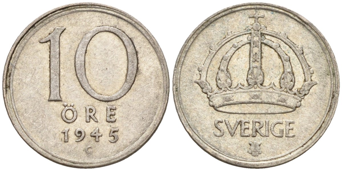 Швеция 10 эре 1945 G, Густав V (1907-1950) KM 813 серебро 4147-847