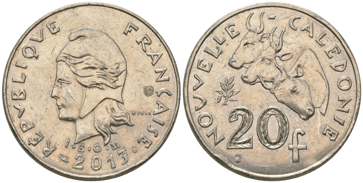 Французская Новая Каледония 20 франков 2013 три быка, (IEOM) KM 12a, Schoen 14a, Lec 115j медно-никель 84-1141