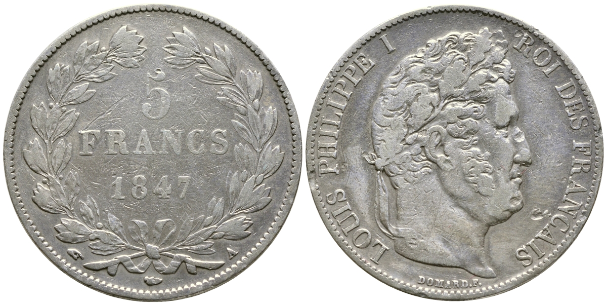 Франция 5 франков 1847 А, Луи Филипп I (1830-1848) KM 749.1 серебро 79-1311