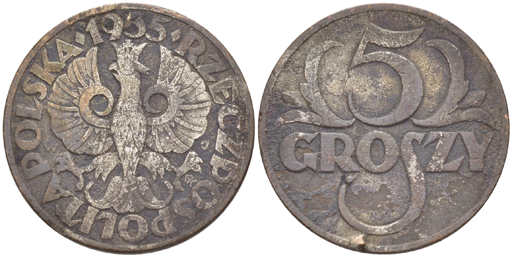 ПОЛЬША 5 ГРОШЕЙ 1935 w KM 10а, Parchimowicz 103g бронза 216-943