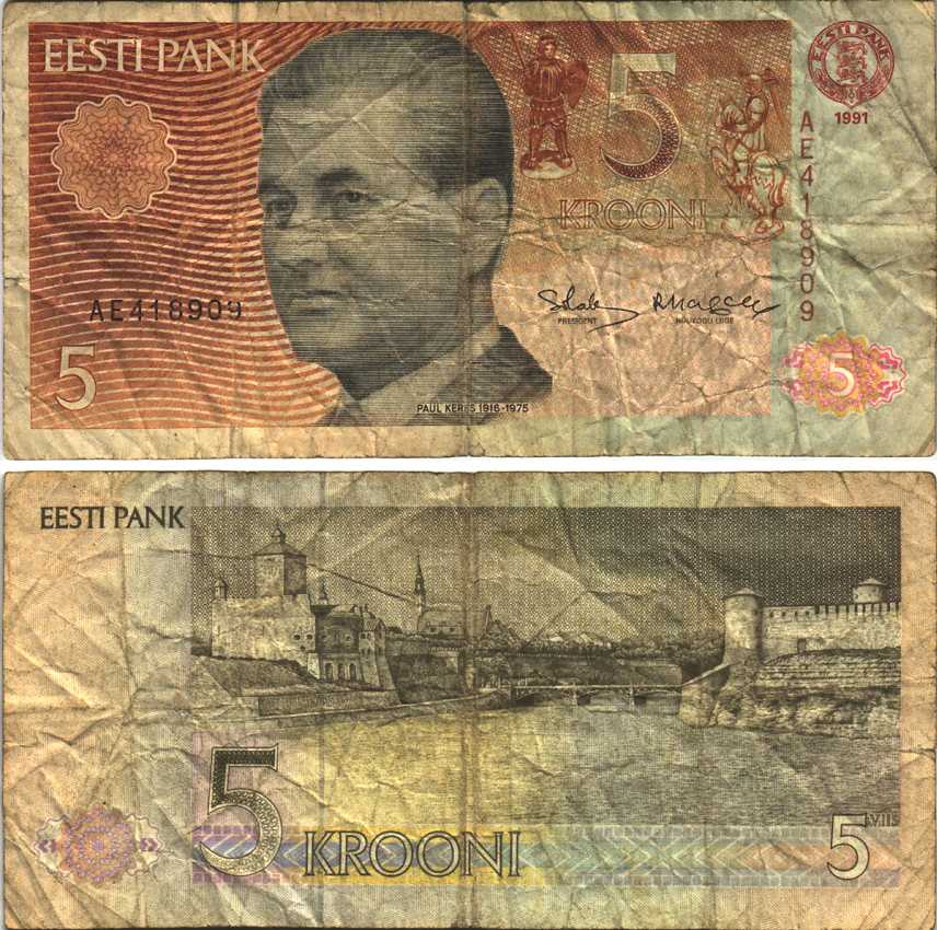 ЭСТОНИЯ 5 КРОН 1991 (1992) ПАУЛЬ КЕРЕС ЭСТОНСКИЙ ШАХМАТИСТ, СЕРИЯ АЕ Pick 71a, Сергеев 1 бумага 6312-45-3-2
