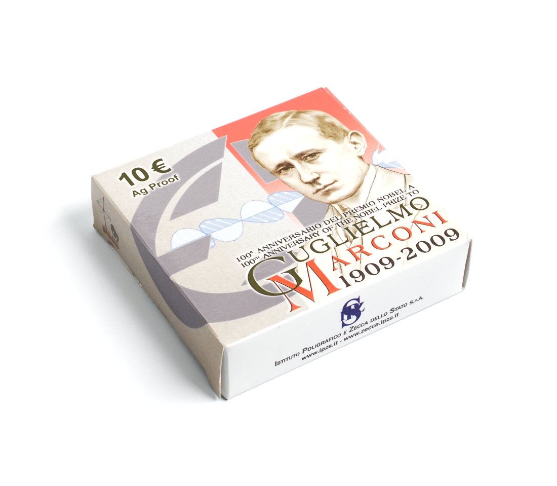 Италия 10 евро 2009 100 лет со дня вручения нобелевской премии Гильермо Маркони, изобретатель радио, в оригинальной коробочке, с сертификатом KM 317 серебро PROOF 4-3-4-20