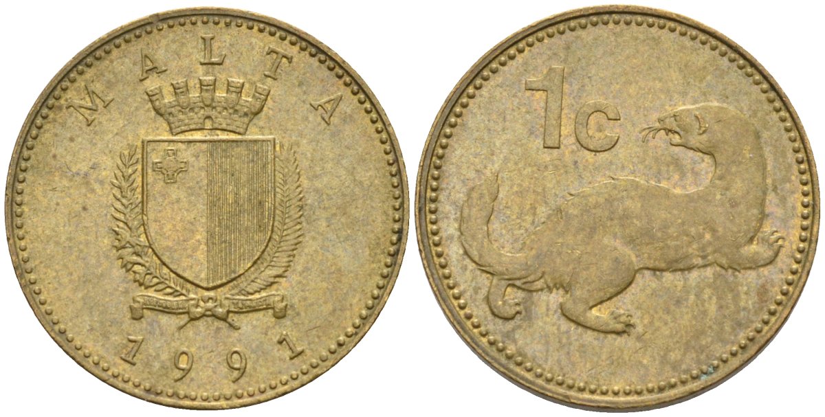 Мальта 1 цент 1991 ласка, горностай KM 93 никель латунь 4585-1163