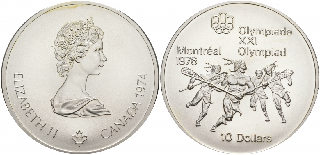 Канада 10 долларов 1974 XXI летние Олимпийские игры в Монреале 1976 года, лякросс KM 96 серебро UNC 01-172-22