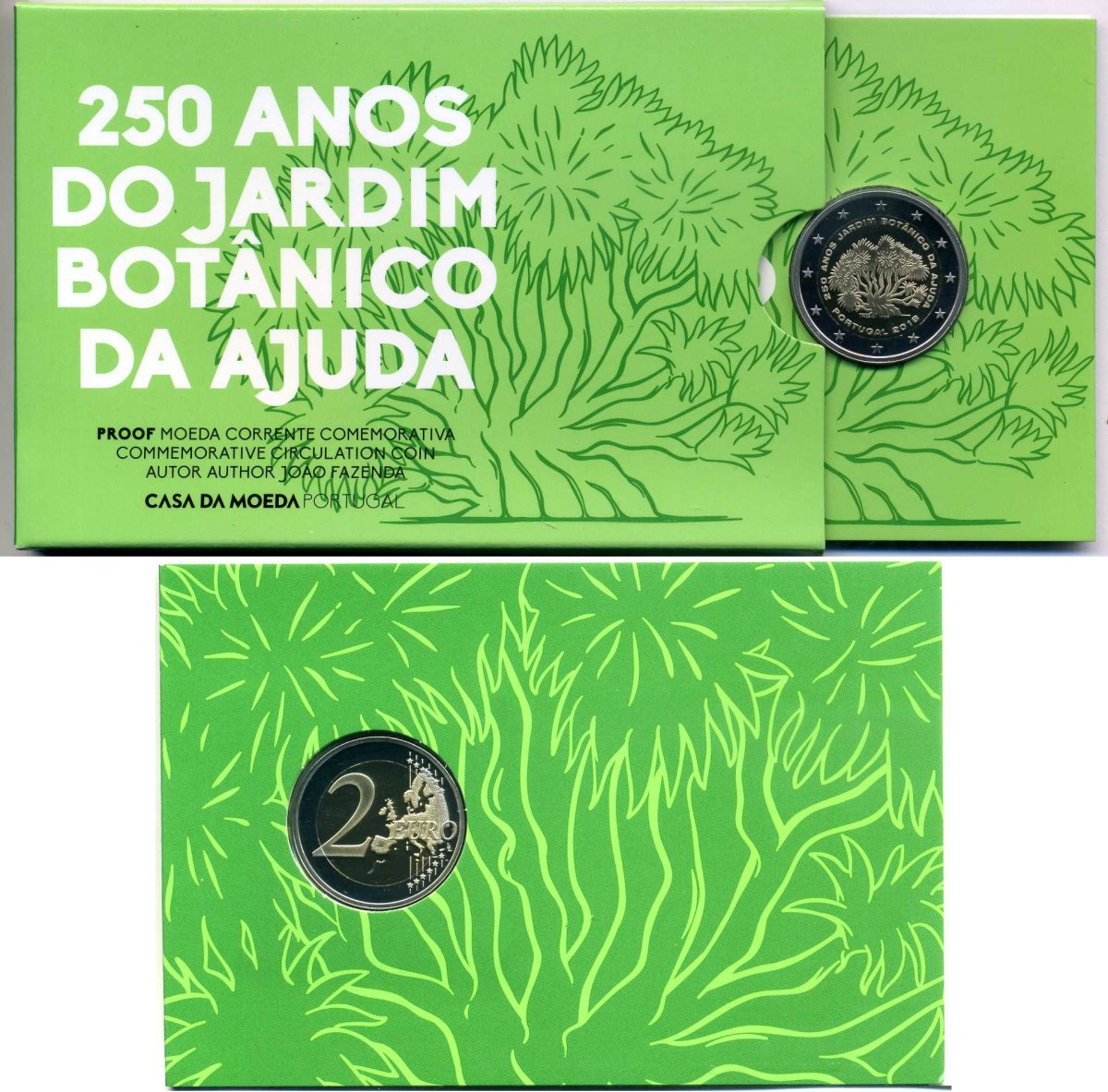 Португалия 2 евро 2018 250 лет ботаническому саду в Ажуде, запайка, картонный буклет KM 106 биметалл PROOF 3-4-8-53
