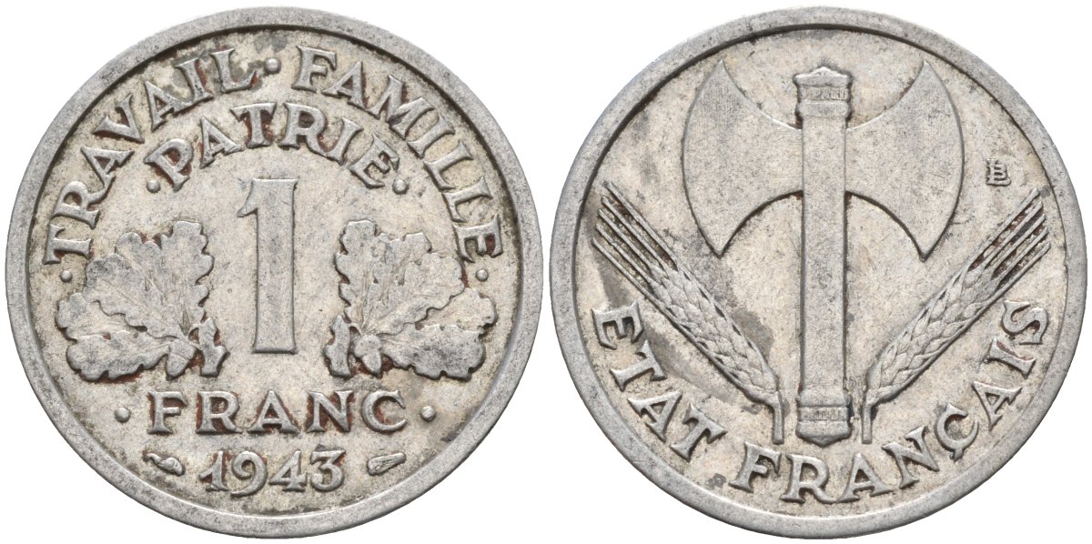 Франция 1 франк 1943 LB, тип Lourde, правительство Виши KM 902.1 алюминий 4142-927