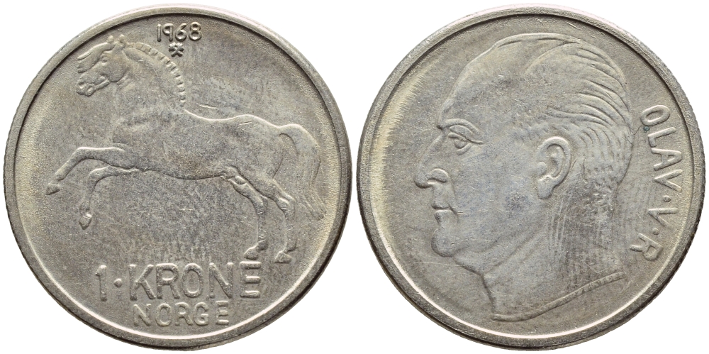 НОРВЕГИЯ 1 КРОНА 1968 ЛОШАДЬ KM 409 медно-никель 93-1053