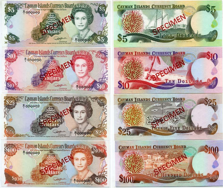 Каймановы острова набор из 4 банкнот 1991 образец, Specimen, в слабах PCGS - 5 долларов 65 Gem UNC, 10 долларов 65 Gem UNC, 25 долларов 67 Superb Gem UNC, 100 долларов 68 Superb Gem UNC Pick 12as, 13bs, 14s, 15s бумага 452-1-45