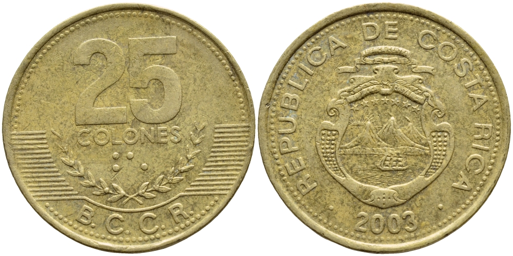КОСТА-РИКА 25 КОЛОН 2003 B.C.C.R. KM 229а латунь 54-2144
