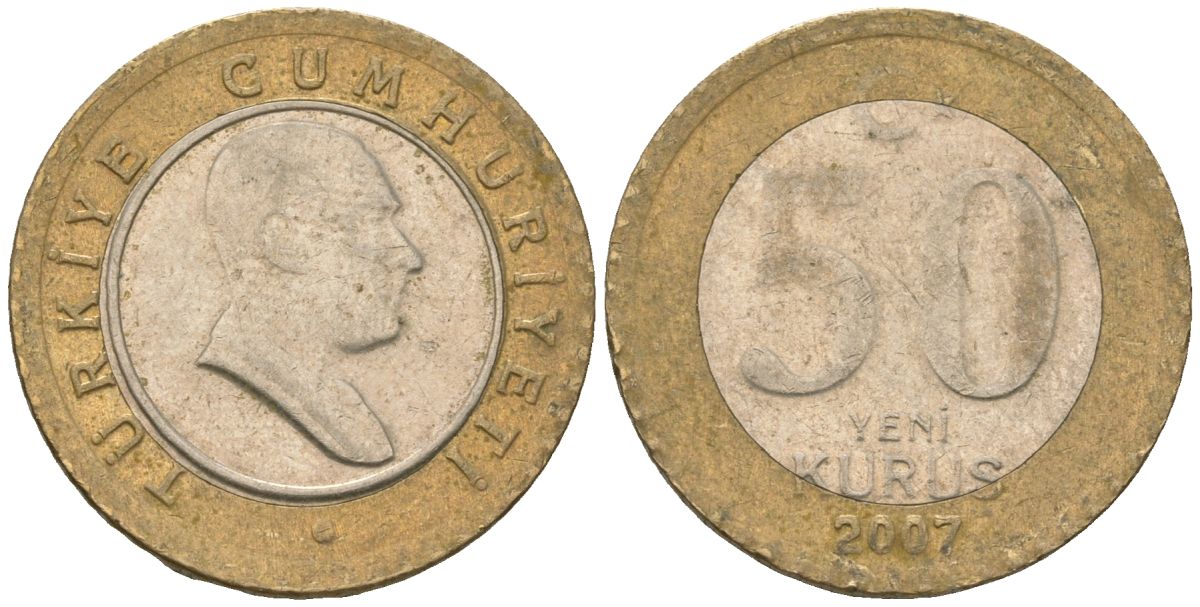 Турция 50 новых курушей 2007 KM 1168 биметалл 4610-1125