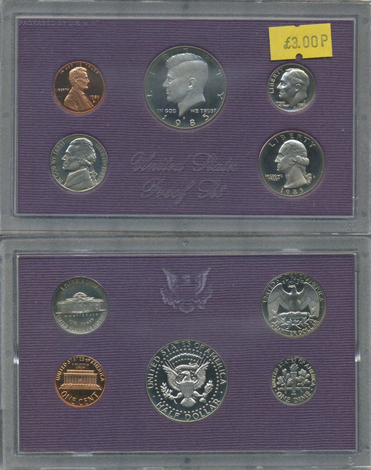 США набор из 5 монет (1, 5, 10 (дайм), 25 (квотер, 1/4 доллара) и 50 (1/2 доллара) центов) 1985 в оригинальной упаковке KM PS154 (A192, 195a, 201, 164a и A202b) PROOF 8-2-06-85