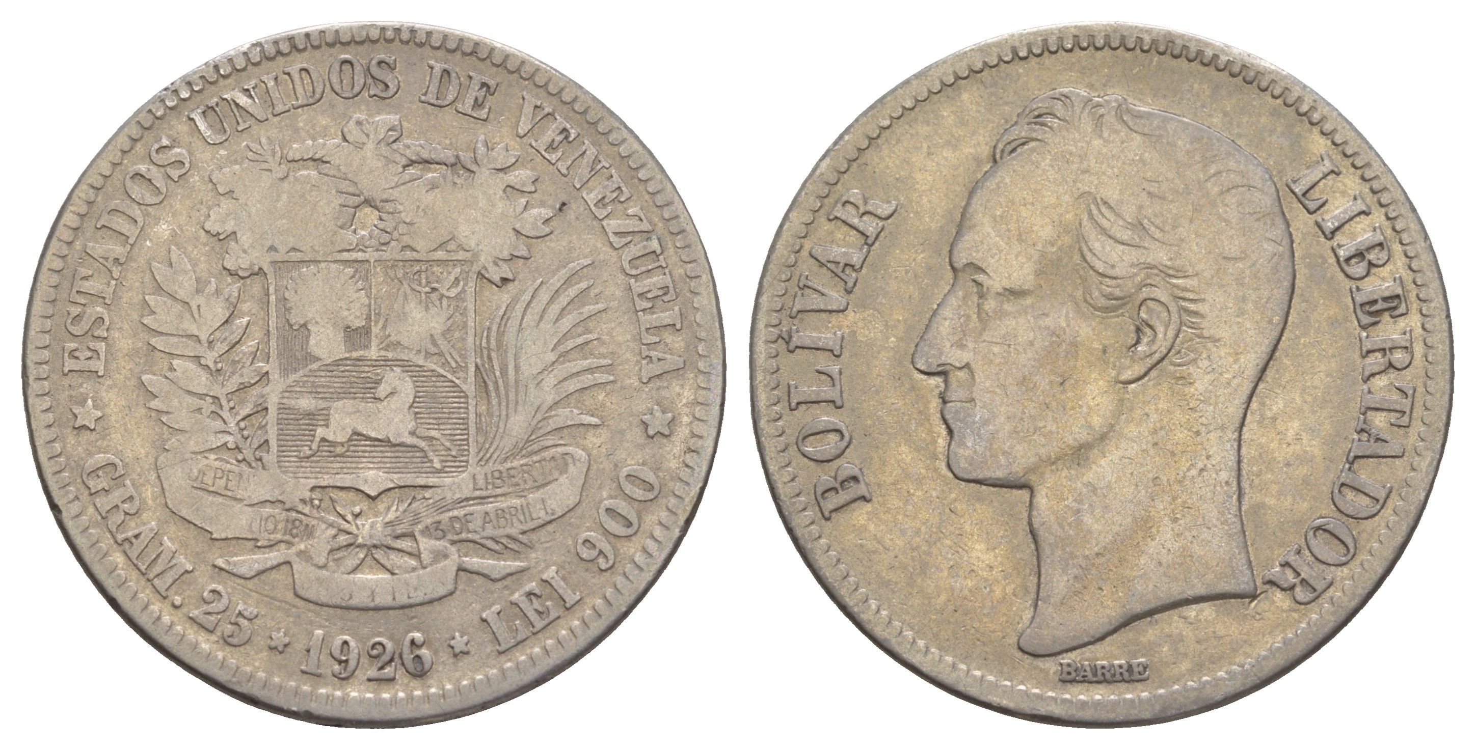 Венесуэла 5 боливаров 1926 Y 24.2 серебро 1519-1215