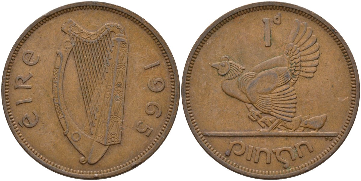 Ирландия 1 пенни 1965 курица с цыплятами KM 11 бронза 4144-1123