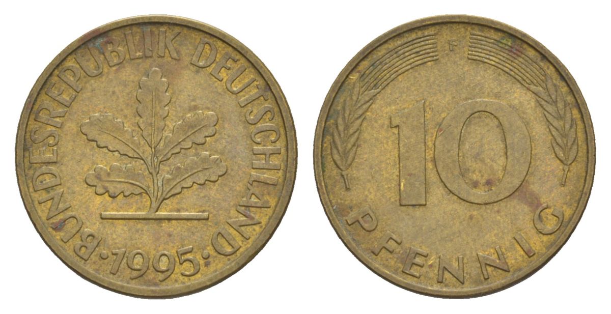 Германия 10 пфеннигов 1995 F KM 108, J. 383 сталь плакированная латунью 4627-621