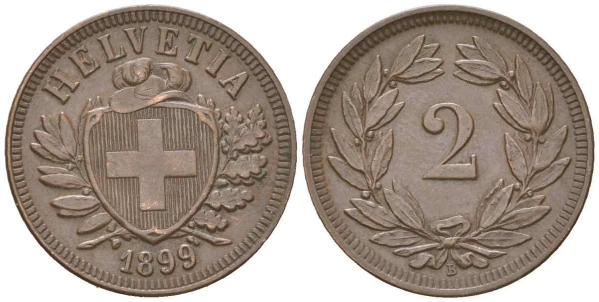 Швейцария 2 раппена 1899 B KM 4 бронза 4387-423