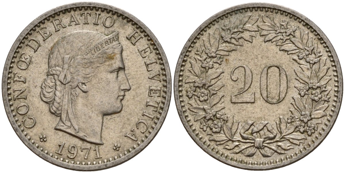 Швейцария 20 раппенов 1971 KM 29a медно-никель 4187-756