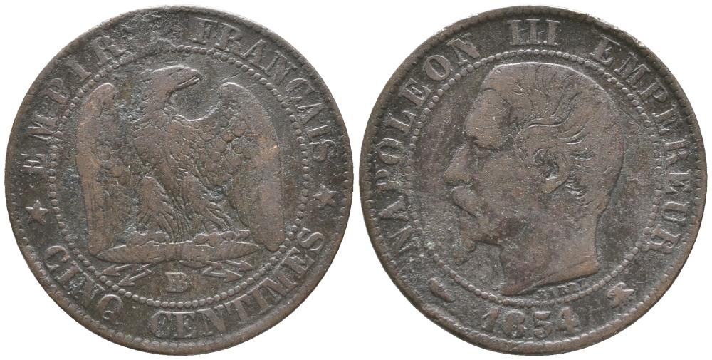 Франция 5 сантимов 1854 BB, Наполеон III (1852-1870) KM 777.3, Le Franc 116.10 бронза 34-425
