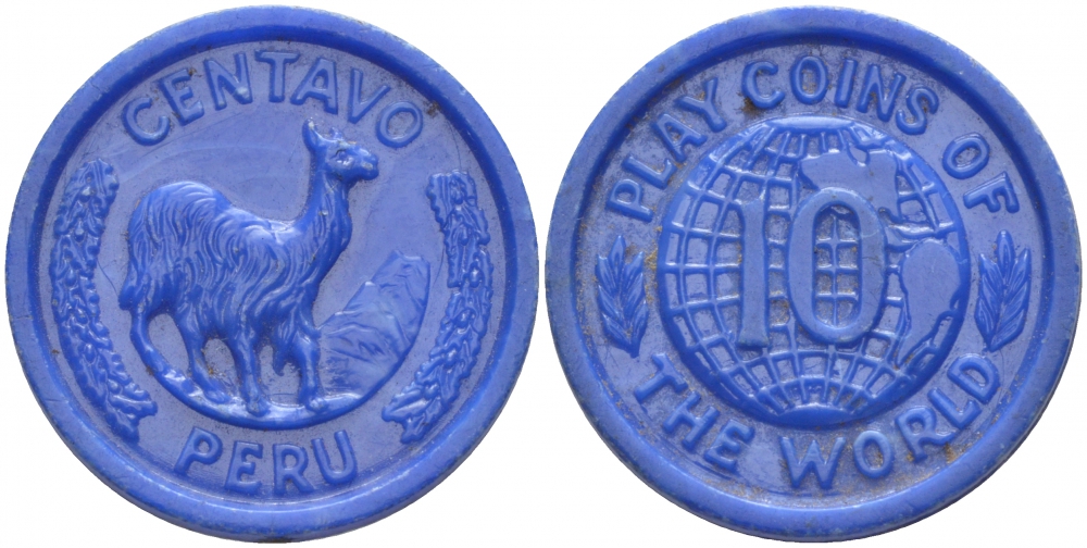 ПЕРУ ИГРОВОЙ ЖЕТОН В 1 СЕНТАВО ND PLAY COINS OF THE WORLD, CENTAVO PERU, ЛАМА, ДИАМЕТР 22 ММ. пластик 216-834